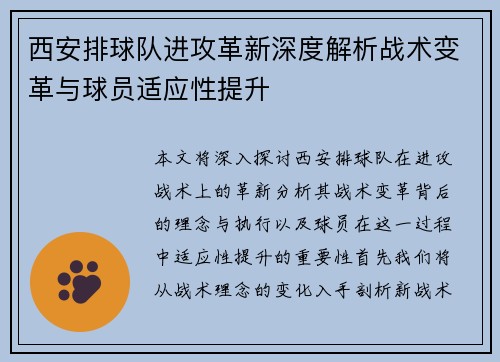 西安排球队进攻革新深度解析战术变革与球员适应性提升
